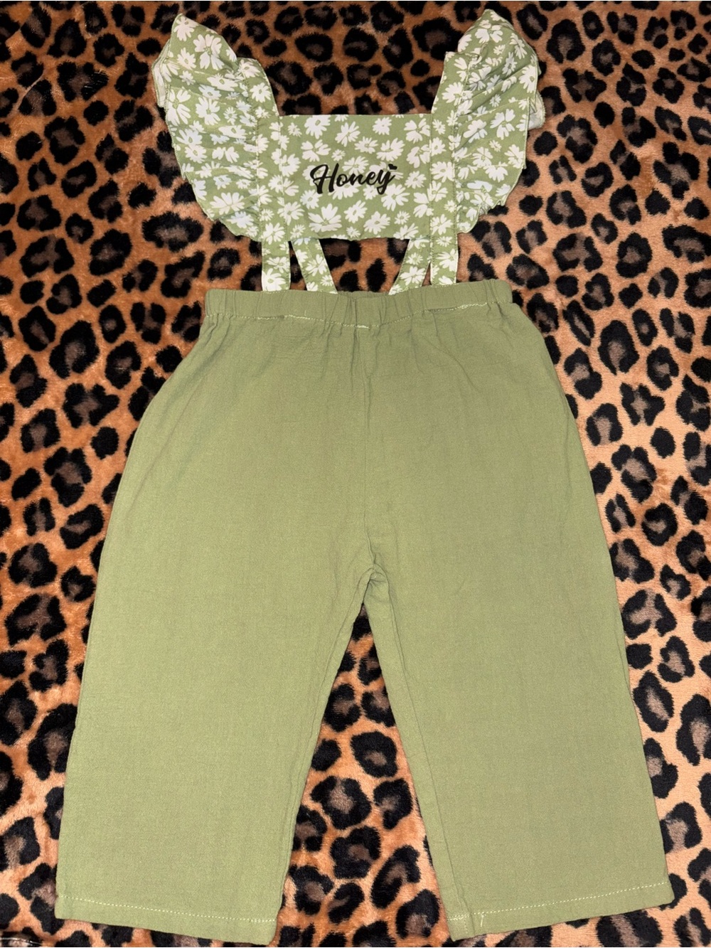 SHEIN Sage Green Daisy Sweet as Honey Floral Boho Fall Jumpsuit 2-3Y